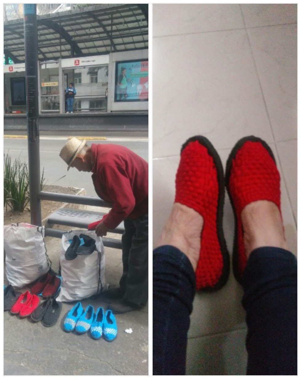 Don José es de Michoacán y vende zapatos tejidos para ayudar a su familia