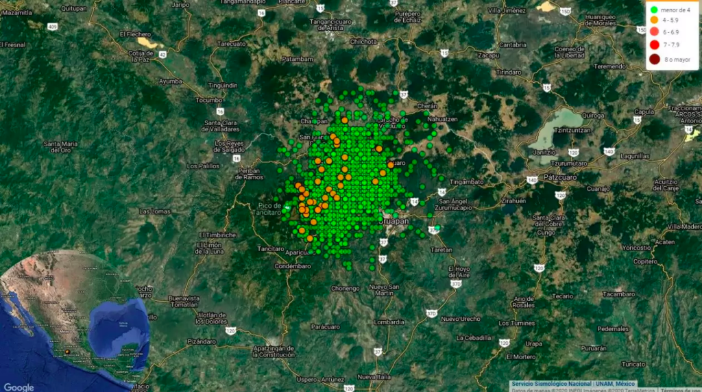 Más de 2 mil movimientos telúricos con magnitudes de entre 2.9 y 4.1 en los alrededores de Uruapan, Michoacán