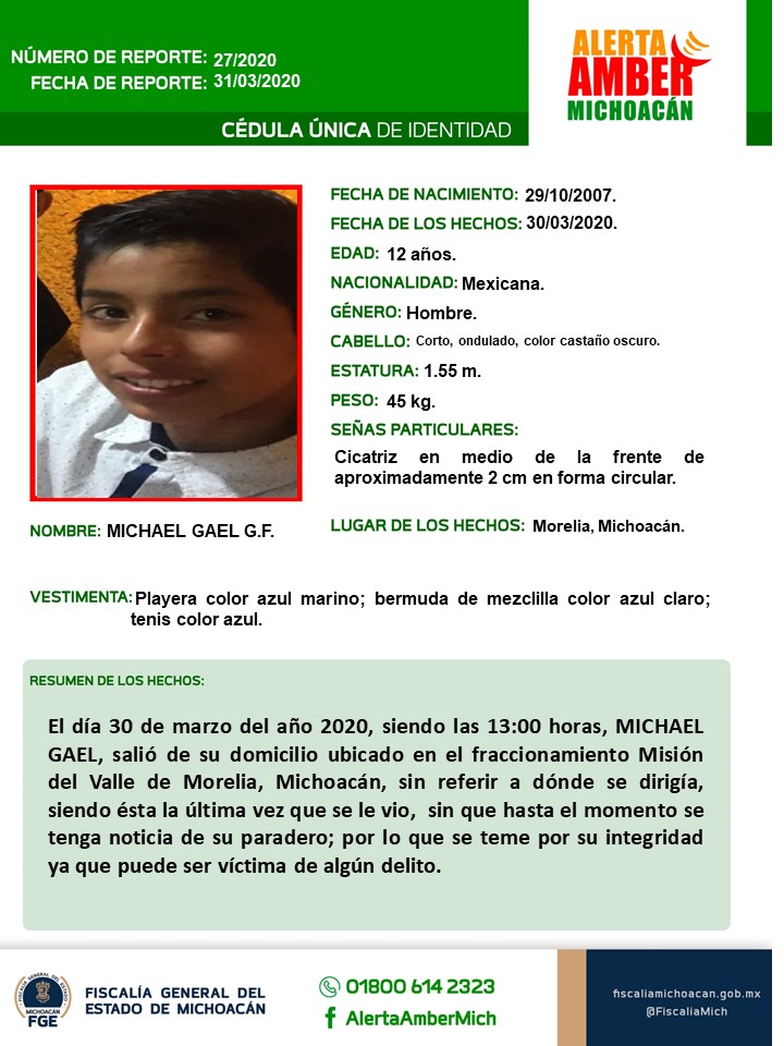 Michael Gael DESAPARECIDO en Michoacán; tiene 12 años