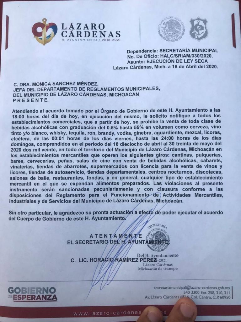 Autoridades municipales de Michoacán implementarán Ley Seca, por lo que sus ciudadanos no podrán adquirir alcohol, esto con el fin de inhibir la movilidad de la población.