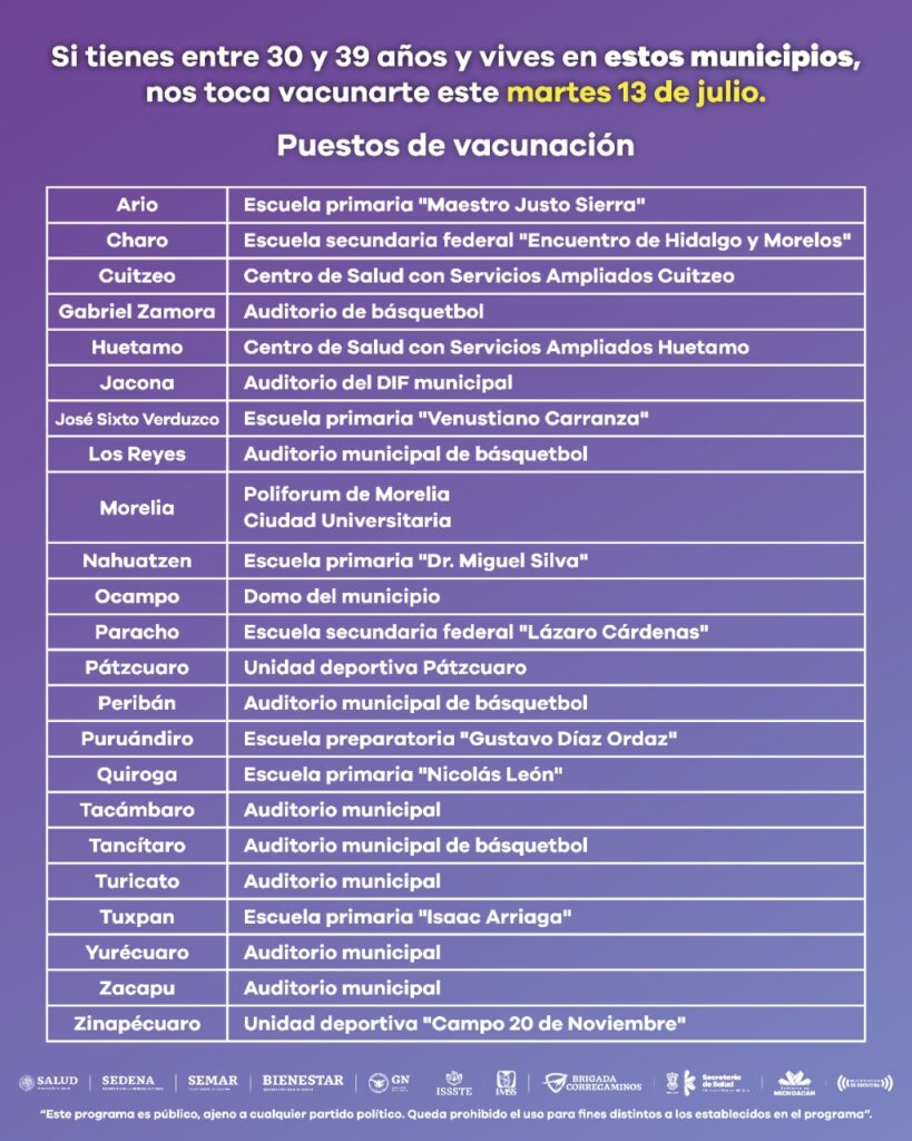 Vacuna para personas de 30 a 39 en 23 municipios de Michoacán