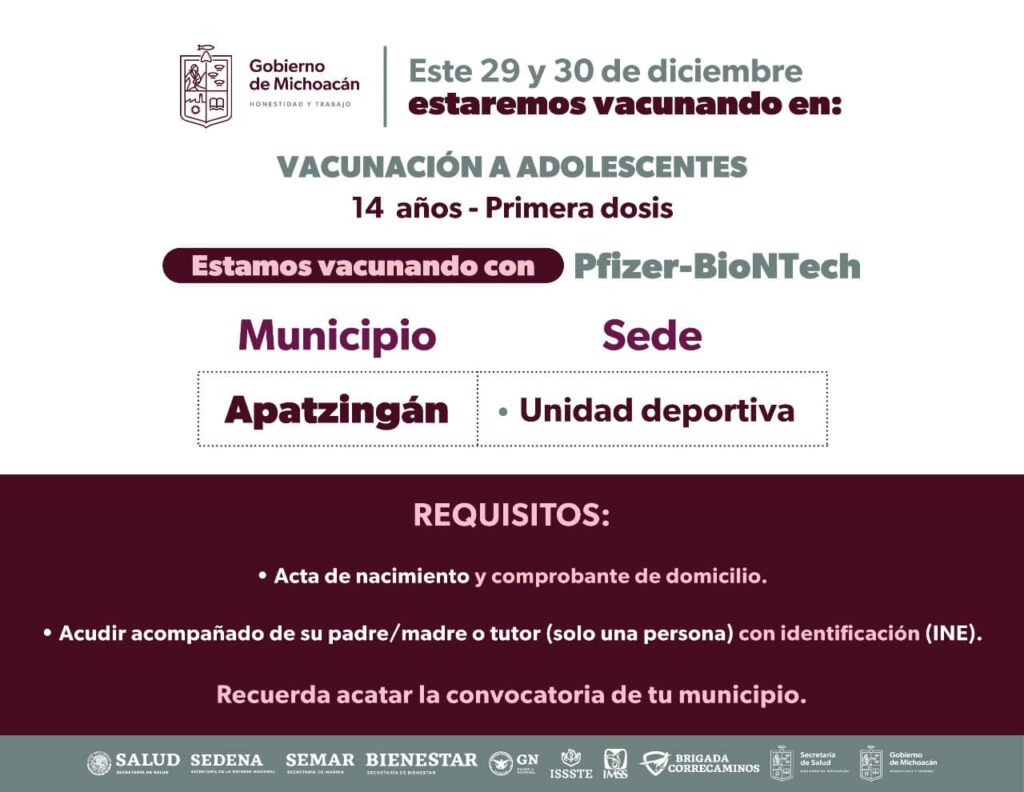 Vacunación para adolescentes de 14 y 15 años en Apatzingán