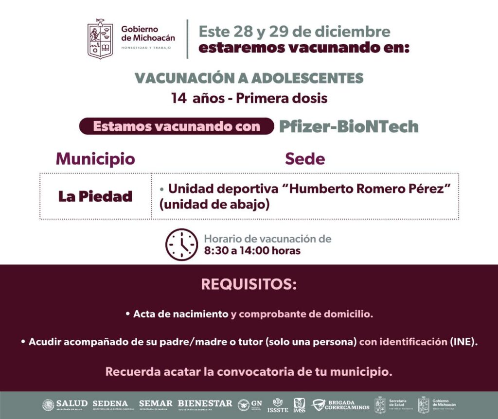 Vacunación para adolescentes de 14 y 15 años en La Piedad