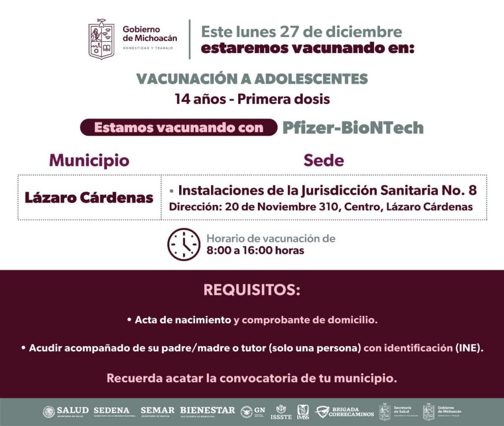 Vacunación para adolescentes de 14 y 15 años en Lázaro Cárdenas