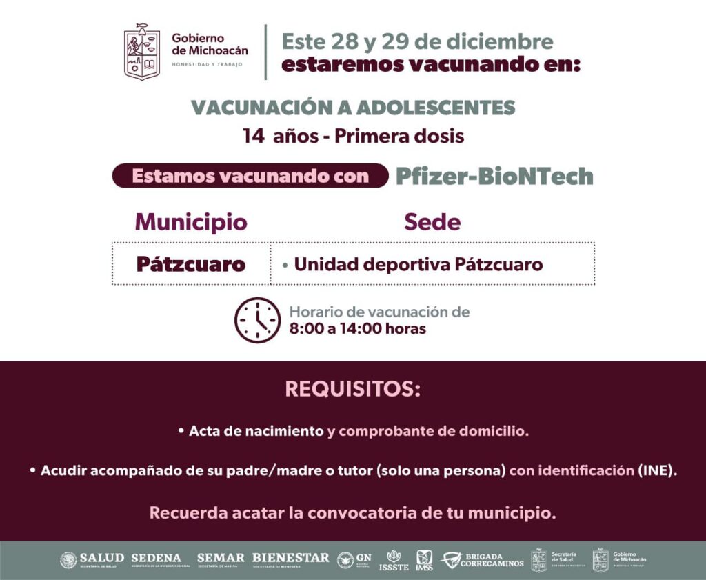 Vacunación para adolescentes de 14 y 15 años en Pátzcuaro