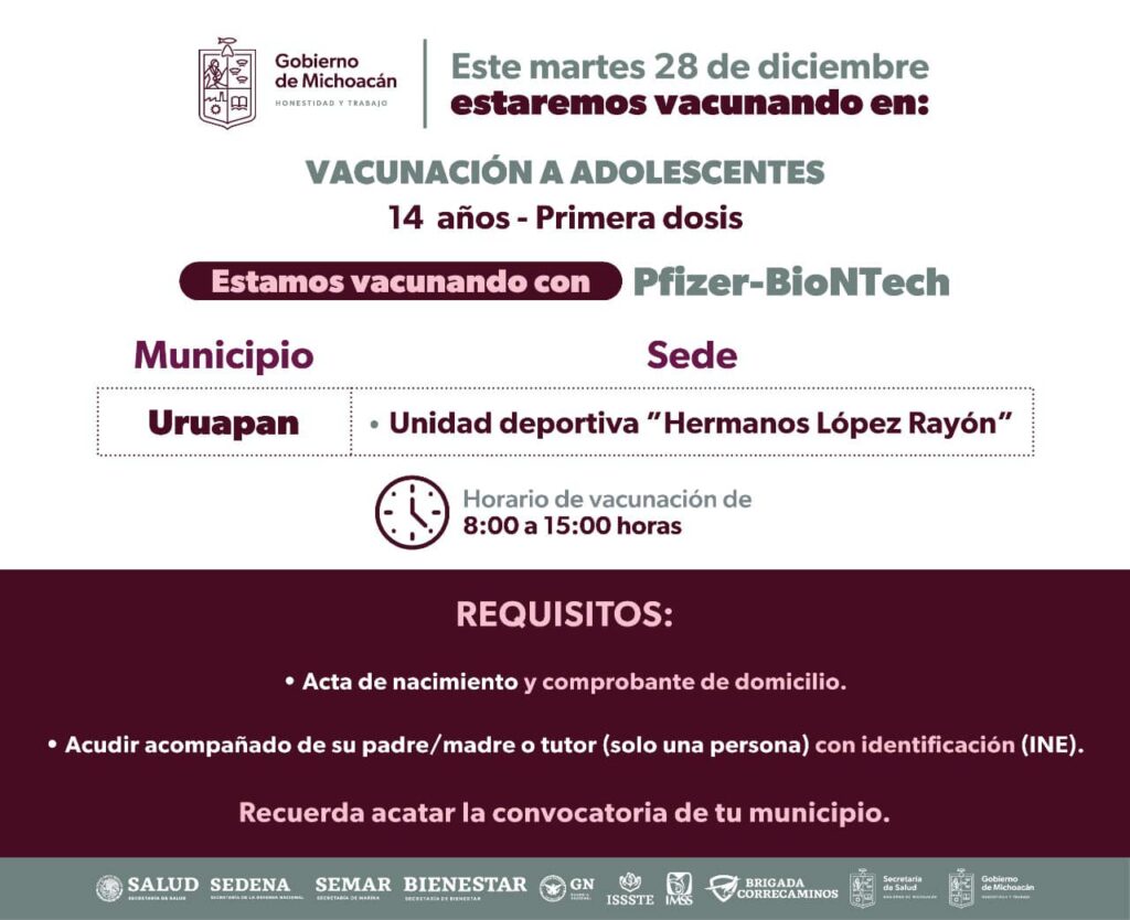 Vacunación para adolescentes de 14 y 15 años en Uruapan