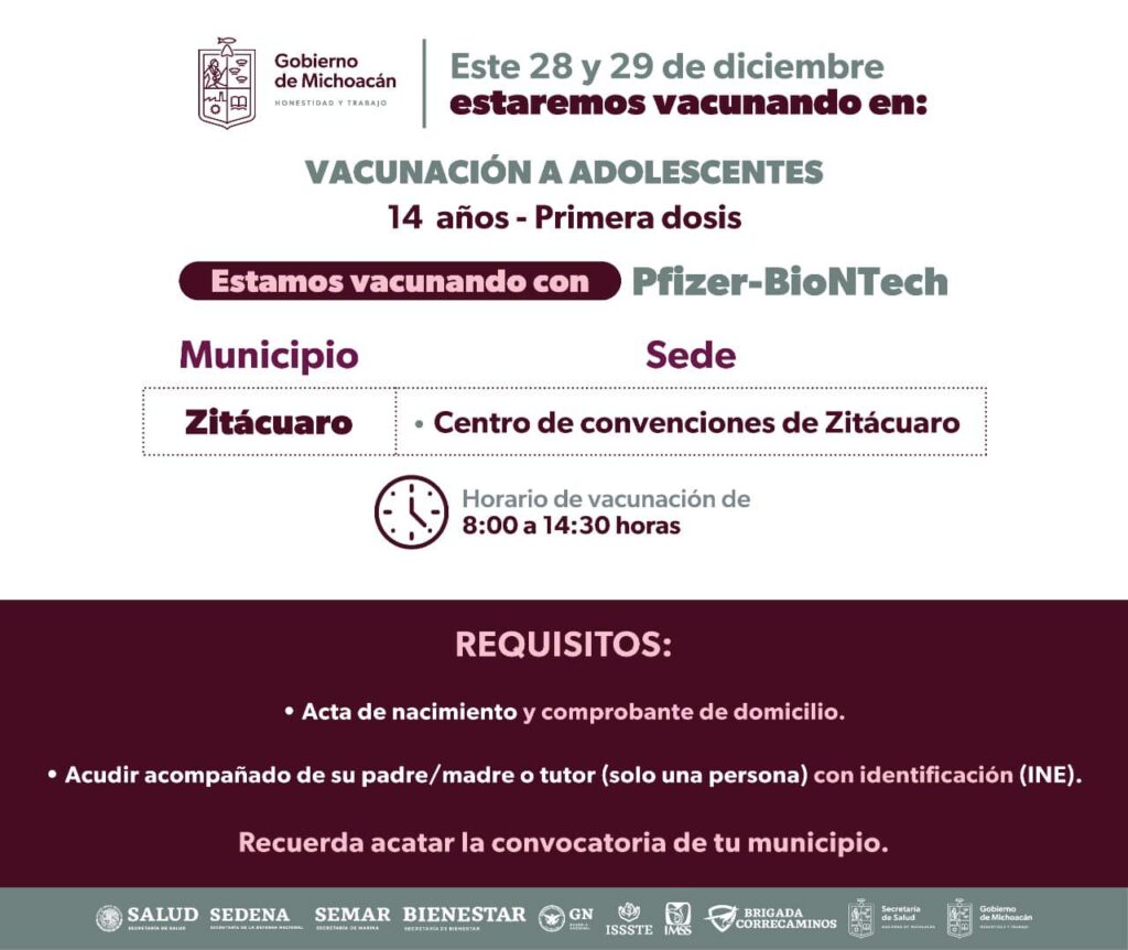 Vacunación para adolescentes de 14 y 15 años en Zitácuaro