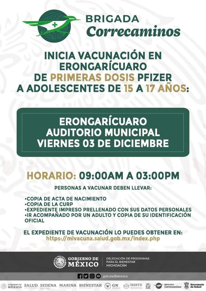 Erongarícuaro: Menores de 15 a 17 años serán vacunados este VIERNES con Pfizer