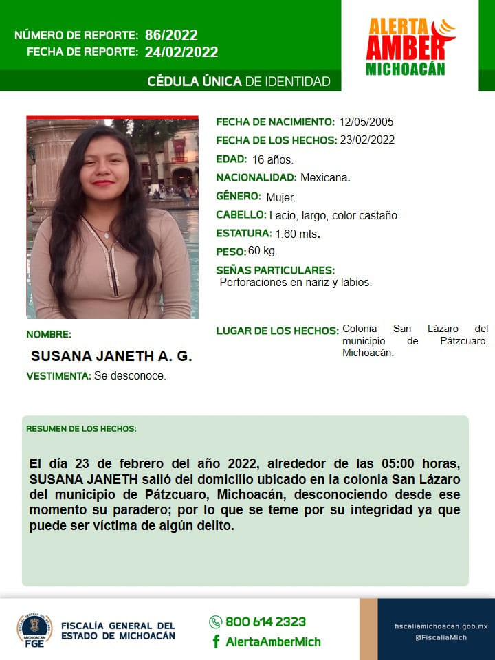 buscan a SUSANA JANETH pátzcuaro