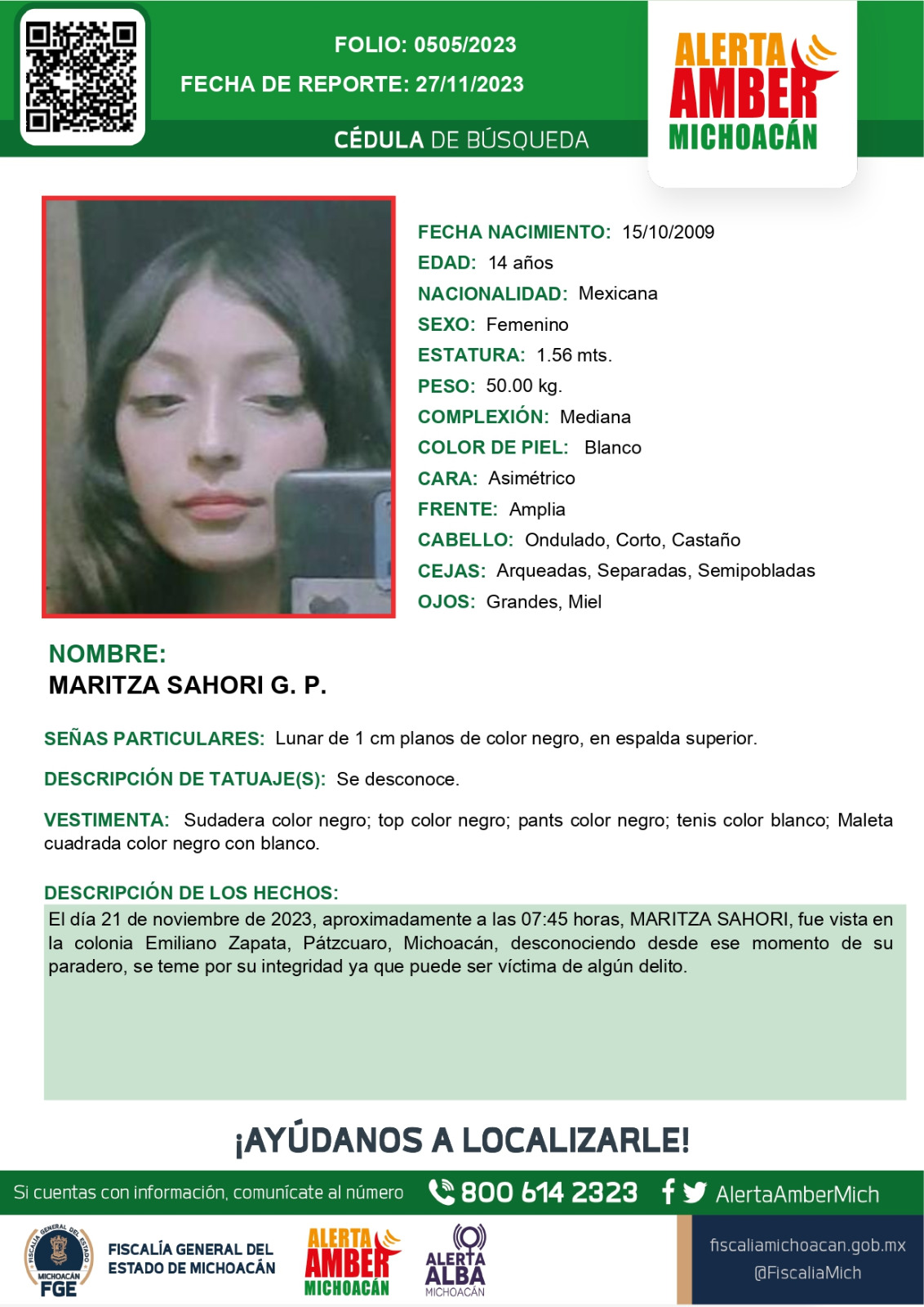 Alerta Amber: Desaparece Maritza Sahori G. P. en Pátzcuaro, Michoacán