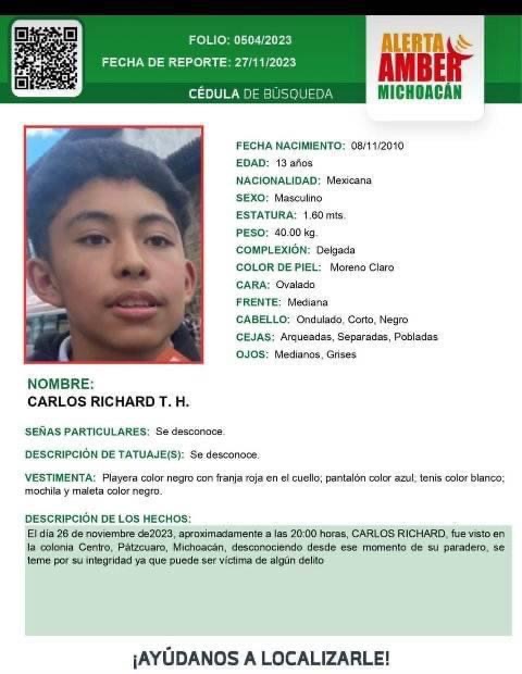 Desaparecido en Pátzcuaro: Carlos Richard de 13 años