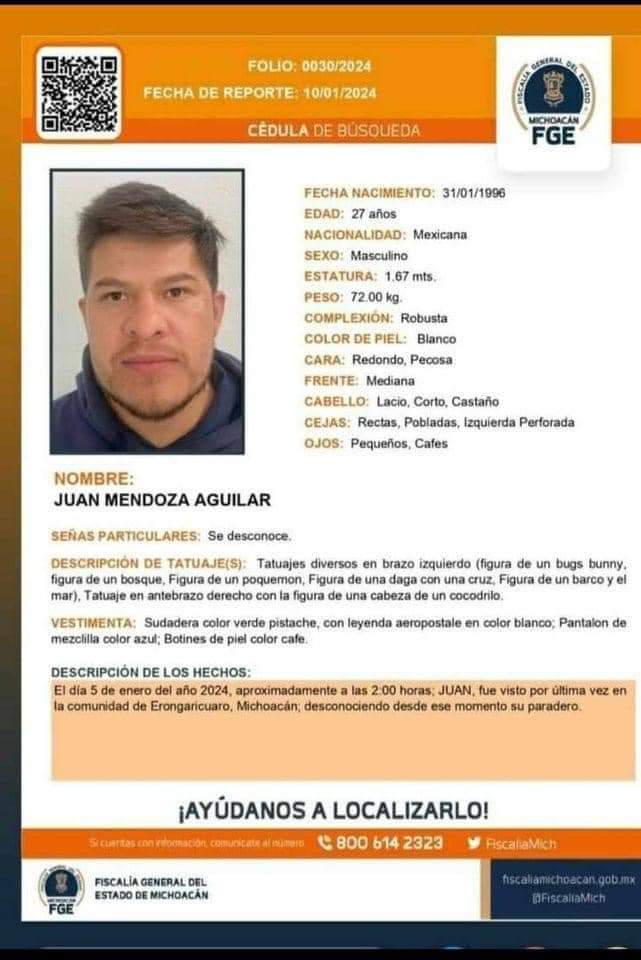 Alerta en Erongarícuaro: Joven de 27 años desaparece